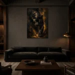 Golden-Eyed Panther Black & Gold Wall Art Canvas Print shown in a warm modern interior