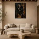 Golden-Eyed Panther Black & Gold Wall Art Canvas Print presented in a sophisticated home setting