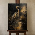 Golden Heron Black & Gold Wall Art Canvas Print displayed on a studio easel
