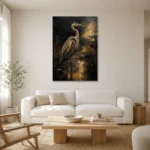 Golden Heron Black & Gold Wall Art Canvas Print styled in a refined neutral interior