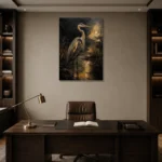 Golden Heron Black & Gold Wall Art Canvas Print displayed in a contemporary gallery-inspired room