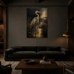 Golden Heron Black & Gold Wall Art Canvas Print shown in a warm modern interior