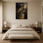 Golden Heron Black & Gold Wall Art Canvas Print showcased in an elegant minimalist interior