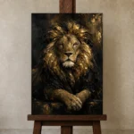 Golden Lion Black & Gold Wall Art Canvas Print displayed on a studio easel