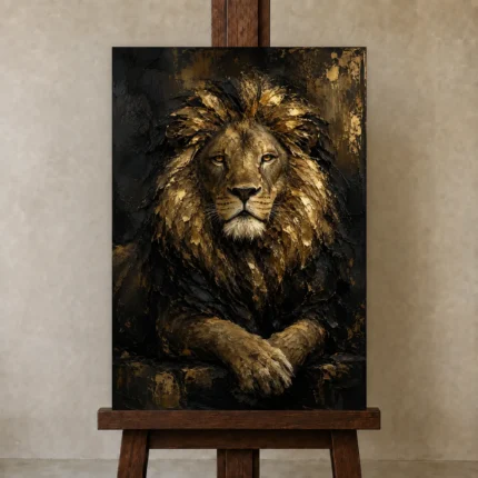 Golden Lion Black & Gold Wall Art Canvas Print shown in Studio Easel