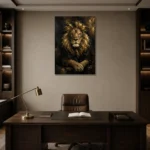 Golden Lion Black & Gold Wall Art Canvas Print displayed in a contemporary gallery-inspired room