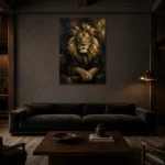 Golden Lion Black & Gold Wall Art Canvas Print shown in a warm modern interior