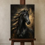 Black Stallion Black & Gold Wall Art Canvas Print displayed on a studio easel