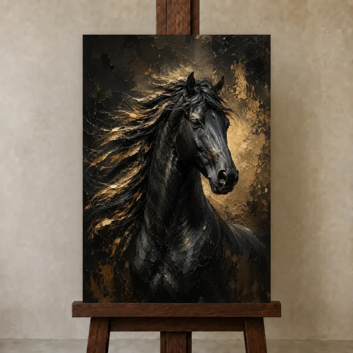 Black Stallion Black & Gold Wall Art Canvas Print displayed on a studio easel