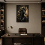Black Stallion Black & Gold Wall Art Canvas Print displayed in a contemporary gallery-inspired room