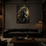 Black Stallion Black & Gold Wall Art Canvas Print shown in a warm modern interior