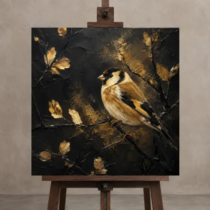 Golden Finch Black & Gold Wall Art Canvas Print shown in Studio Easel