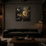 Golden Finch Black & Gold Wall Art Canvas Print shown in a warm modern interior