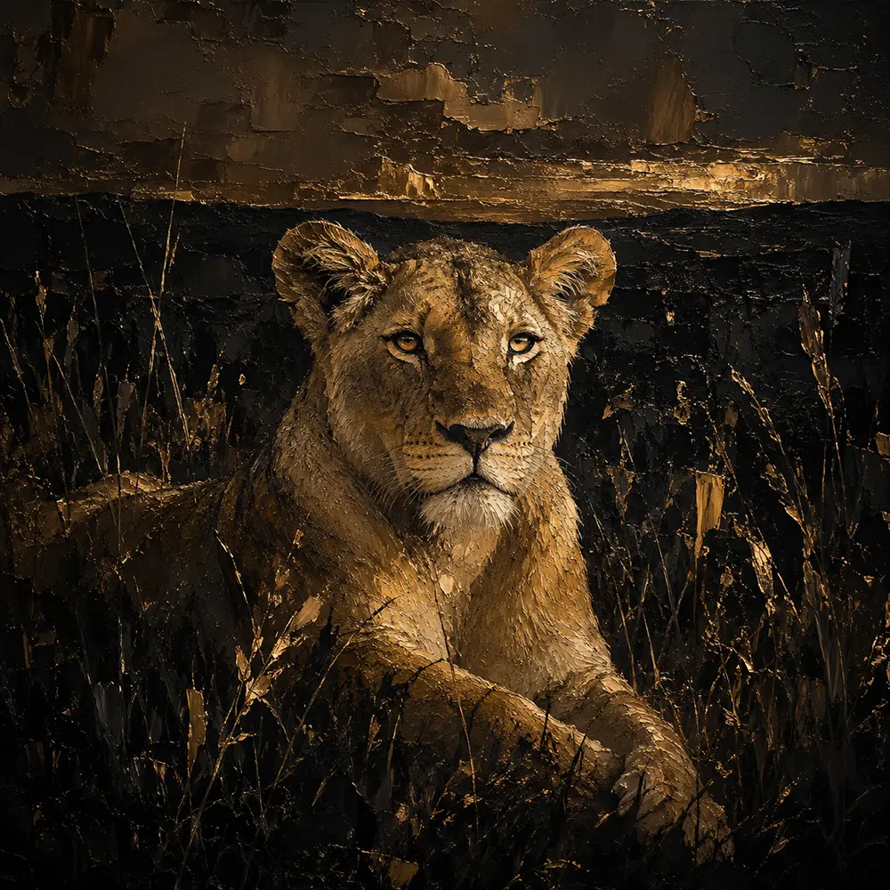 Golden Lioness Black & Gold Wall Art Canvas Print