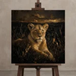 Golden Lioness Black & Gold Wall Art Canvas Print displayed on a studio easel