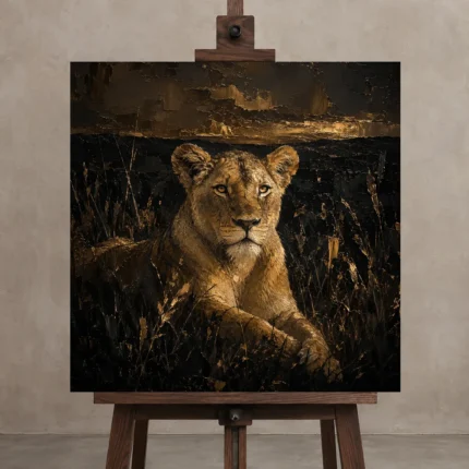 Golden Lioness Black & Gold Wall Art Canvas Print shown in Studio Easel
