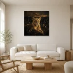 Golden Lioness Black & Gold Wall Art Canvas Print styled in a refined neutral interior