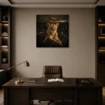 Golden Lioness Black & Gold Wall Art Canvas Print displayed in a contemporary gallery-inspired room