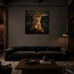 Golden Lioness Black & Gold Wall Art Canvas Print shown in a warm modern interior