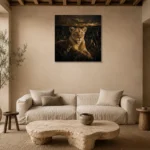 Golden Lioness Black & Gold Wall Art Canvas Print presented in a sophisticated home setting