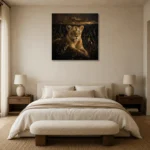 Golden Lioness Black & Gold Wall Art Canvas Print showcased in an elegant minimalist interior