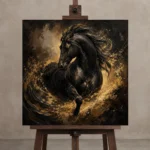 Charging Black Horse Black & Gold Wall Art Canvas Print displayed on a studio easel