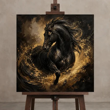 Charging Black Horse Black & Gold Wall Art Canvas Print shown in Studio Easel