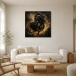 Charging Black Horse Black & Gold Wall Art Canvas Print styled in a refined neutral interior
