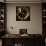 Charging Black Horse Black & Gold Wall Art Canvas Print displayed in a contemporary gallery-inspired room
