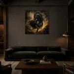 Charging Black Horse Black & Gold Wall Art Canvas Print shown in a warm modern interior