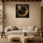 Charging Black Horse Black & Gold Wall Art Canvas Print presented in a sophisticated home setting