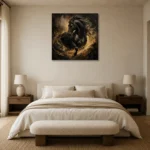 Charging Black Horse Black & Gold Wall Art Canvas Print showcased in an elegant minimalist interior