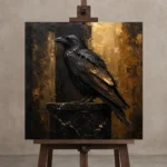 Golden Raven Black & Gold Wall Art Canvas Print displayed on a studio easel