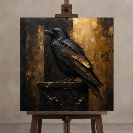 Golden Raven Black & Gold Wall Art Canvas Print shown in Studio Easel