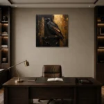 Golden Raven Black & Gold Wall Art Canvas Print displayed in a contemporary gallery-inspired room