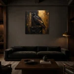 Golden Raven Black & Gold Wall Art Canvas Print shown in a warm modern interior