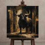 Golden Bull Black & Gold Wall Art Canvas Print displayed on a studio easel