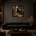 Golden Bull Black & Gold Wall Art Canvas Print shown in a warm modern interior