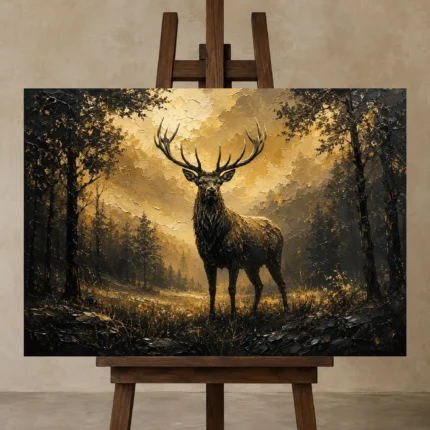 Forest Stag Black & Gold Wall Art Canvas Print shown in Studio Easel