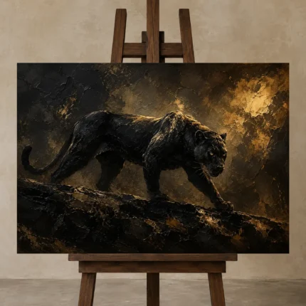 Shadow Panther Black & Gold Wall Art Canvas Print displayed on a studio easel
