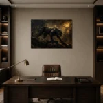 Shadow Panther Black & Gold Wall Art Canvas Print displayed in a contemporary gallery-inspired room