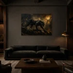 Shadow Panther Black & Gold Wall Art Canvas Print shown in a warm modern interior