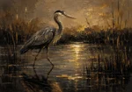 Golden Marsh Heron Black & Gold Wall Art Canvas Print
