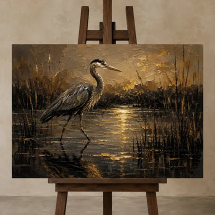 Golden Marsh Heron Black & Gold Wall Art Canvas Print shown in Studio Easel