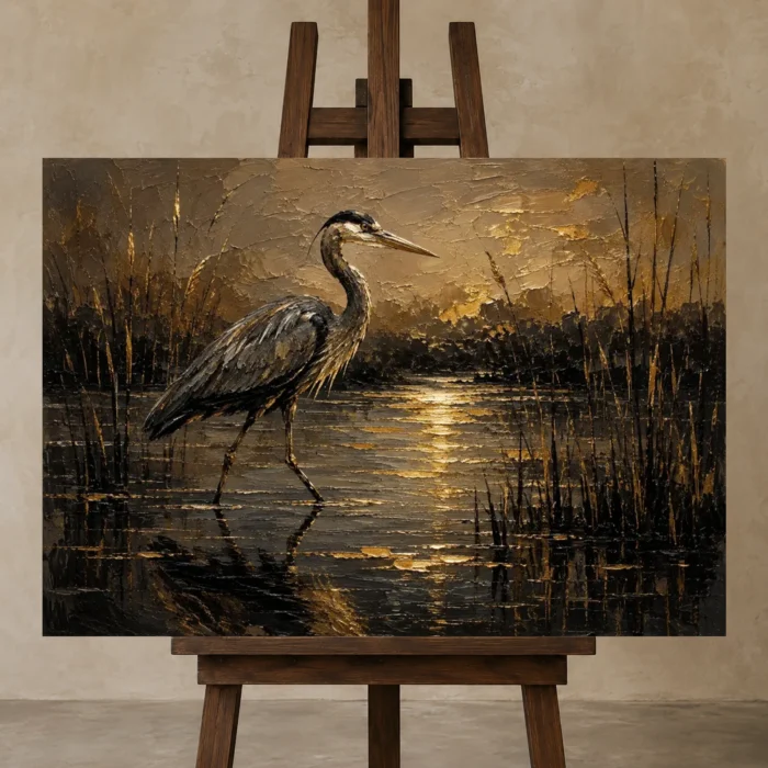 Golden Marsh Heron Black & Gold Wall Art Canvas Print displayed on a studio easel