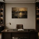 Golden Marsh Heron Black & Gold Wall Art Canvas Print displayed in a contemporary gallery-inspired room