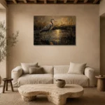 Golden Marsh Heron Black & Gold Wall Art Canvas Print presented in a sophisticated home setting