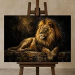 Resting Golden Lion Black & Gold Wall Art Canvas Print displayed on a studio easel