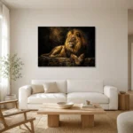 Resting Golden Lion Black & Gold Wall Art Canvas Print styled in a refined neutral interior