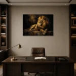Resting Golden Lion Black & Gold Wall Art Canvas Print displayed in a contemporary gallery-inspired room